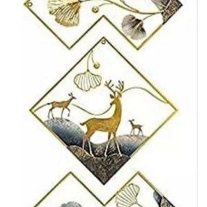 metal  3D wall attest of 3 golden ginkgo leaves with deer wall